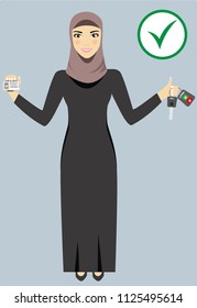 Arab Woman or Girl being happy after getting Permission to Drive. Female Drivers are allowed Driving License now. Women Empowerment.