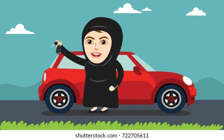 Arab Woman or Girl being happy after getting Permission to Drive, and Holding Car keys. Female Drivers are allowed Driving License now.