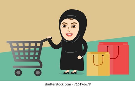 Arab Woman or Girl doing Shopping happily, holding a Cart along with some Shopping Bags