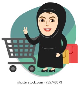 Arab Woman or Girl doing Shopping happily, holding a Cart along with some Shopping Bags. Excited over some special offer or discount.