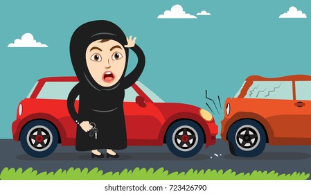 Arab Woman or Girl got involved in a Road Accident, and worried about the damage, Holding Car keys. Female Drivers are allowed Driving License now