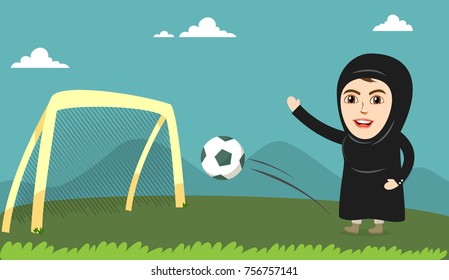 Arab Woman Or Girl Playing Soccer Or Football And Happy For Scoring A Goal. Women Team In Saudi Arabia.