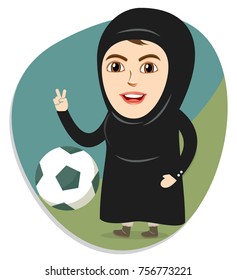 Arab Woman Or Girl Playing Soccer  And Happy For Scoring A Goal. Victory Sign. Celebrating And Cheering For Her Women Football Team In Saudi Arabia. 