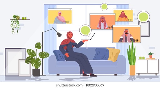 arab woman having virtual meeting with family members during video call online communication concept living room interior full length horizontal vector illustration