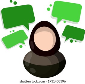 Arab woman in hijab. Flat icon illustration for app. Avatar of Muslim girl covered with scarf. Flat cartoon Cloud text bubble dialog. Conversation and Talk.
