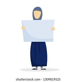 Arab woman in hijab holding banner. Empty blank poster for message. Female muslim character. Vector illustration in cartoon style