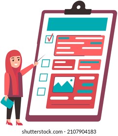Arab woman in hijab holding pointer next to giant checklist. Muslim female character checking tasks, to do list. Clipboard with form for report, data, answers, checkmark. Analysis of survey results