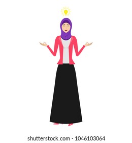 Arab woman with hijab in meditation, job. Young woman wearing hijab, practicing yoga on the job. The concept of Healthy lifestyle. Office worker relaxes and meditates in lotus. Relaxing and calm