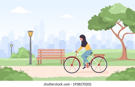 Arab woman in hijab on bicycle rides around city. Spring or summer landscape. Cute happy young girl on bike at park. Sports and leisure outdoor activity. Vector illustration in flat cartoon style.