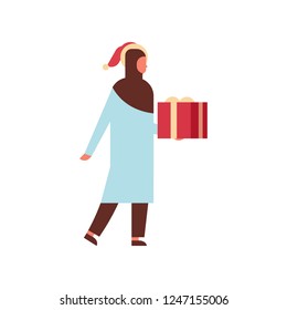 arab woman hold gift box present merry christmas happy new year holiday celebration concept full length female cartoon character isolated flat
