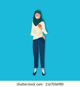 arab woman holding apple fruit healthy lifestyle concept arabic female cartoon character flat full length blue background vector illustration