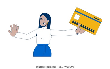 Mulher árabe segurando cartão de crédito enquanto levanta a mão para parar personagem 2D cartoon. Proteção financeira. Vetor plano do cartão de crédito feminino do Oriente Médio isolado em branco. Ilustração especial colorida