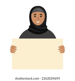 Arab woman holding empty sign in her hands. Happy female with a poster. Vector illustration in flat style isolated on white background.