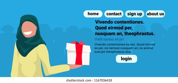arab woman holding gift box event celebrating concept arabic female cartoon character flat blue background portrait horizontal copy space vector illustration