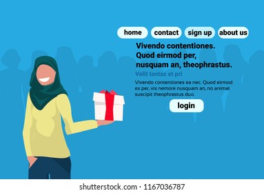 arab woman holding gift box event celebrating concept arabic female cartoon character flat blue background portrait horizontal copy space vector illustration