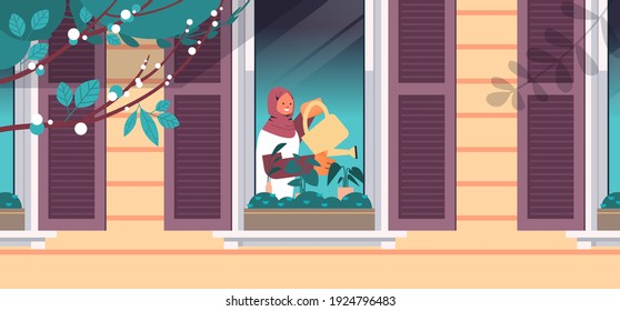 arab woman holding watering can and pouring plants home gardening concept girl taking care of houseplants in house window portrait horizontal vector illustration