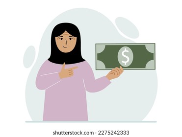 A arab woman holds a large paper bill in his hand. The concept of income, expense, earning or spending money. Vector flat illustration