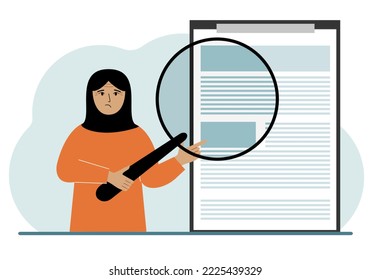 A arab woman holds a magnifying glass and examines a document, contract or agreement. The concept of a lawyer, businessman, or attorney at work. Vector flat illustration