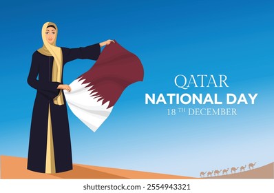 Arab woman hosting Qatar flag on National Day celebration, A Qatari civilian raises their country's flag in the Arabian Peninsula of the Middle East desert in commemoration of unification on Qatar 