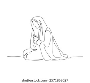 Arab woman kneeling and praying one line art. Continuous line drawing of online Muslims, Islam, traditions, clothing, folk, oriental.