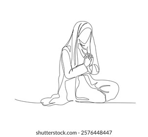 Arab woman kneeling and praying one line art. Continuous line drawing of online Muslims, Islam, traditions, clothing, folk, oriental.