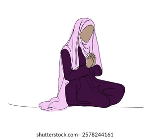 Arab woman kneeling and praying one color line art. Continuous line drawing of online Muslims, Islam, traditions, clothing, folk, oriental.