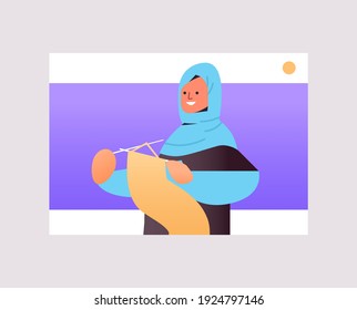 Arab Woman Knits In Web Browser Window Online Hobby Courses For Learning Knitting Concept Portrait Horizontal Vector Illustration