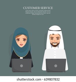 Arab woman and Arab man working with laptop to communication. Illustration vector of people character.