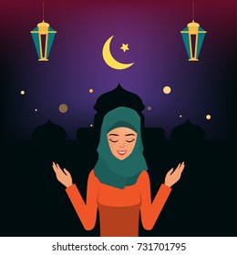 arab woman or muslim woman in pray. ramadan kareem background.