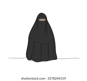 Arab woman in national dress, burqa, veil one color line art. Continuous line drawing of online Muslims, Islam, traditions, clothing, folk, oriental.