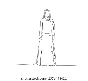 Arab woman in national dress, hijab himara, chador one line art. Continuous line drawing of online Muslims, Islam, traditions, clothing, folk, oriental.