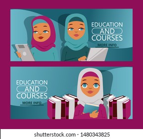 Arab woman on distance education set of banners. Online courses, e-learning, tutorials website vector illustration. Arabic character holding gadgets such as laptop and tablet.