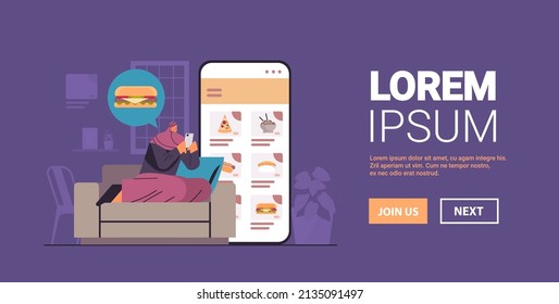 arab woman ordering and buying food in mobile app on smartphone screen online shopping fast food online shop