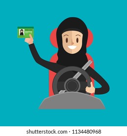 arab woman with a safety belt driving a car on the way. driver people character showing driving license.