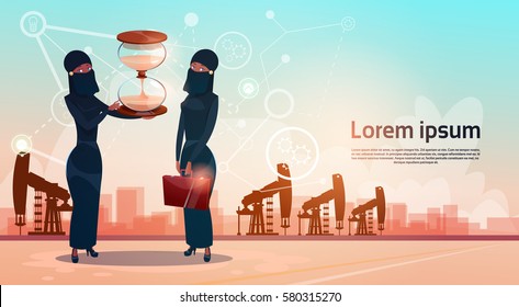 Arab Woman With Sand Watch Money Pumpjack Oil Rig Crane Platform Wealth Concept Flat Vector Illustration