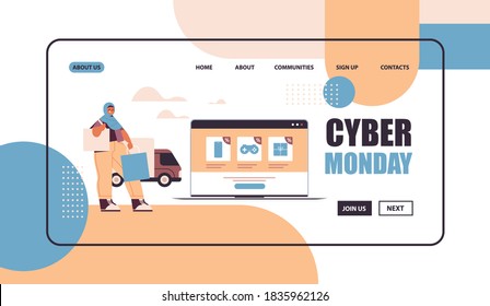 arab woman with shopping bags choosing goods on laptop screen online shopping cyber monday big sale concept full length horizontal copy space vector illustration