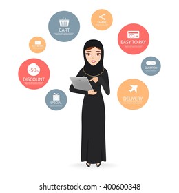 Arab Woman Shopping Online With Smartphone. Online Marketting.