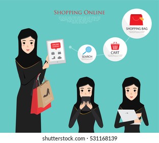 Arab Woman Shopping Online With Tablet Or Mobile Phone. Business People Character Flat Design.