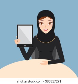 arab woman show a tablet on hand. technology online network.