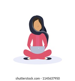 arab woman sitting pose isolated using tablet female faceless cartoon character flat vector illustration