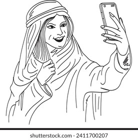 Arab woman smartphone cartoon, Hijab woman vector illustration, Vector illustration of a hijab woman holding a smartphone