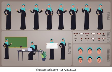 Arab Woman Teacher or Professor character Set. Collection of character body Poses, facial gestures, teaching activities and Lip syncs poses. Ready-to-use and animate, character set. Vector.