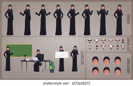 Arab Woman Teacher or Professor character Set. Collection of character body Poses, facial gestures, teaching activities and Lip syncs poses. Ready-to-use and animate, character set. Vector.