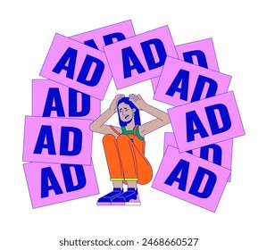 Arab woman threatened by annoying ads 2D linear illustration concept. Middle eastern female cartoon character isolated on white. Too much targeting metaphor abstract flat vector outline graphic