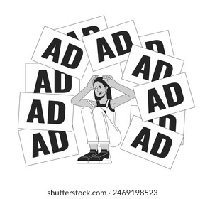 Arab woman threatened by annoying ads 2D linear illustration concept. Middle eastern female cartoon outline character isolated on white. Too much targeting metaphor monochrome vector art