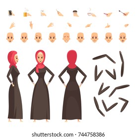 Arab woman in traditional moslim long black robe and red  headscarf with accessories constructor set vector illustration 