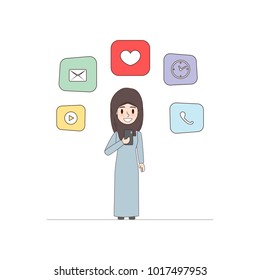 arab woman using smartphone to communication infographic. Illustration vector people design.
