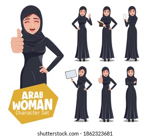 Arab woman vector characters set. Arabian beautiful female character in black traditional clothing with standing pose and gesture for arabic lady cartoon collection design. Vector illustration.