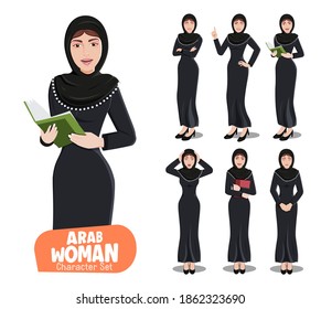 Caracteres vectoriales de mujeres árabes. Carácter femenino árabe con vestido negro tradicional con diferentes expresiones faciales como feliz, sorpresa y triste por el diseño de dibujos animados de una dama árabe. Ilustración vectorial.