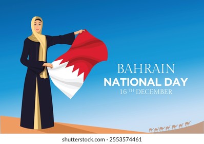 Arab woman waves the Bahrain flag on National Day, Citizens of Kingdom of Bahrain celebrate Foundation day at capital Manama, Commemoration Day, Sacrifices and dedication of Bahraini Martyrs 